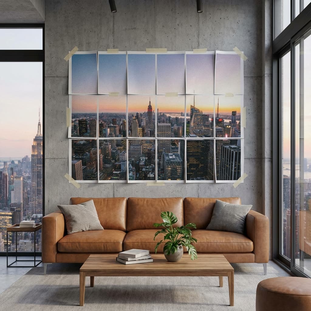 City skyline poster mockup tiled across a wall.