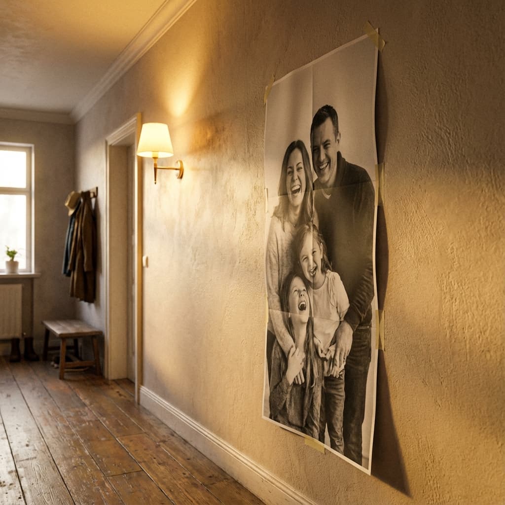 Family portrait poster mockup tiled across pages.