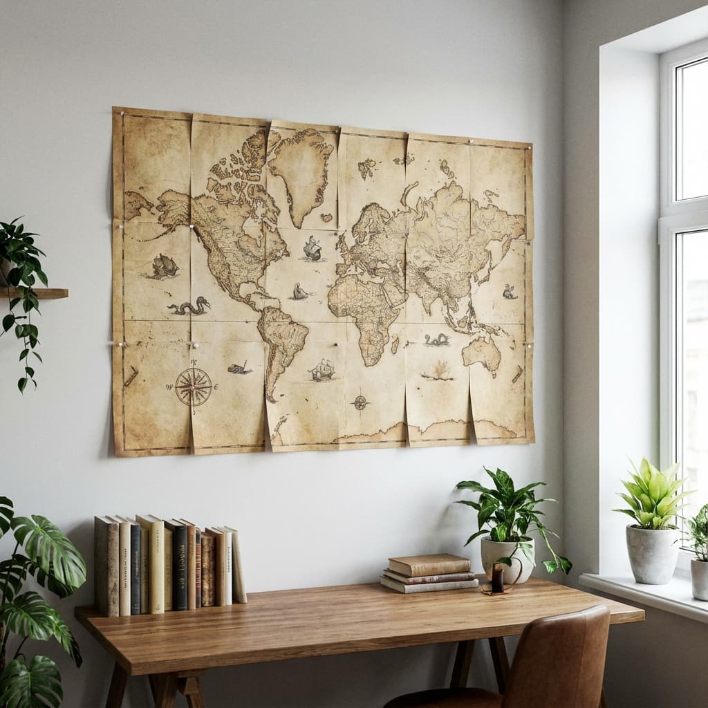 Travel map poster mockup with tiled print layout.