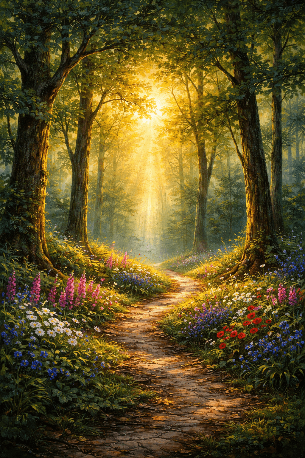 Sunlit forest path wall art printable poster preview