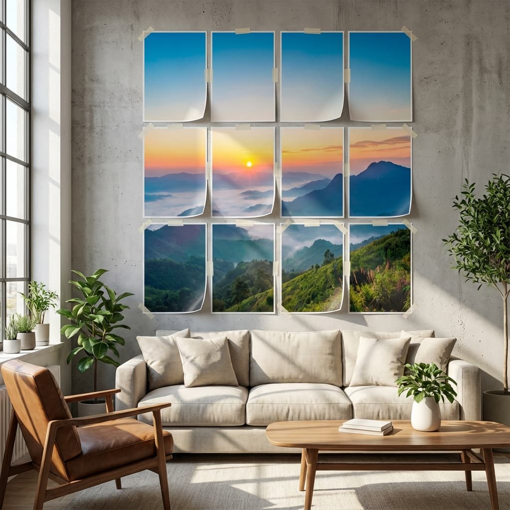 Photorealistic mockup of a large nature poster tiled on a living room wall.